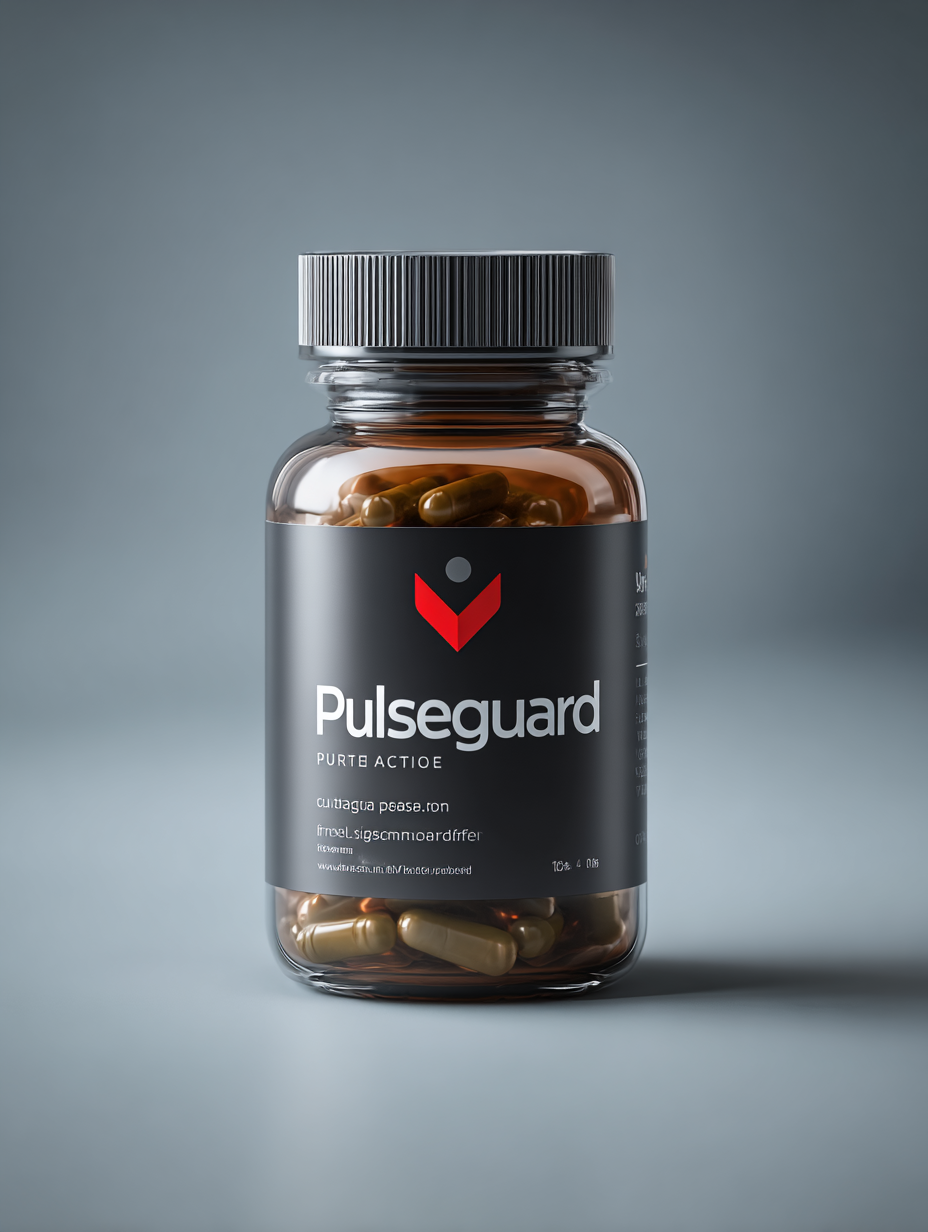 Pulseguard Nahrungsergänzungsmittel Flasche für Herz-Kreislauf-Unterstützung und gesunden Blutdruck auf neutralem Hintergrund